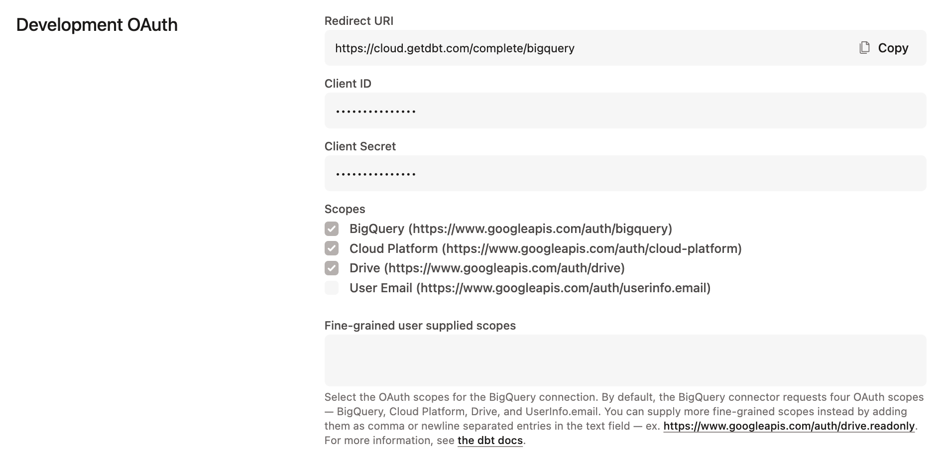 Accessing the BigQuery OAuth configuration in dbt
